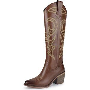 ✨ Wetkiss Cowgirl Boots Women Brown Faux Leather Knee High Comfort Fashion Boots